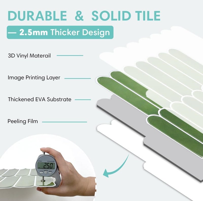 Commomy Thicker Green Peel and Stick Tile Backsplash - 10 pcs of 12" x 12" - 3D Adhesive Peel and Stick Backsplash for Kitchen, Bathroom, Removable, Waterproof, Vinyl Wall Tile - Image 4
